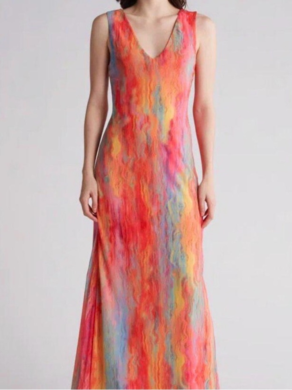 AFRM Multi-Color V-Neck Maxi Dress in Red, Orange & Blue